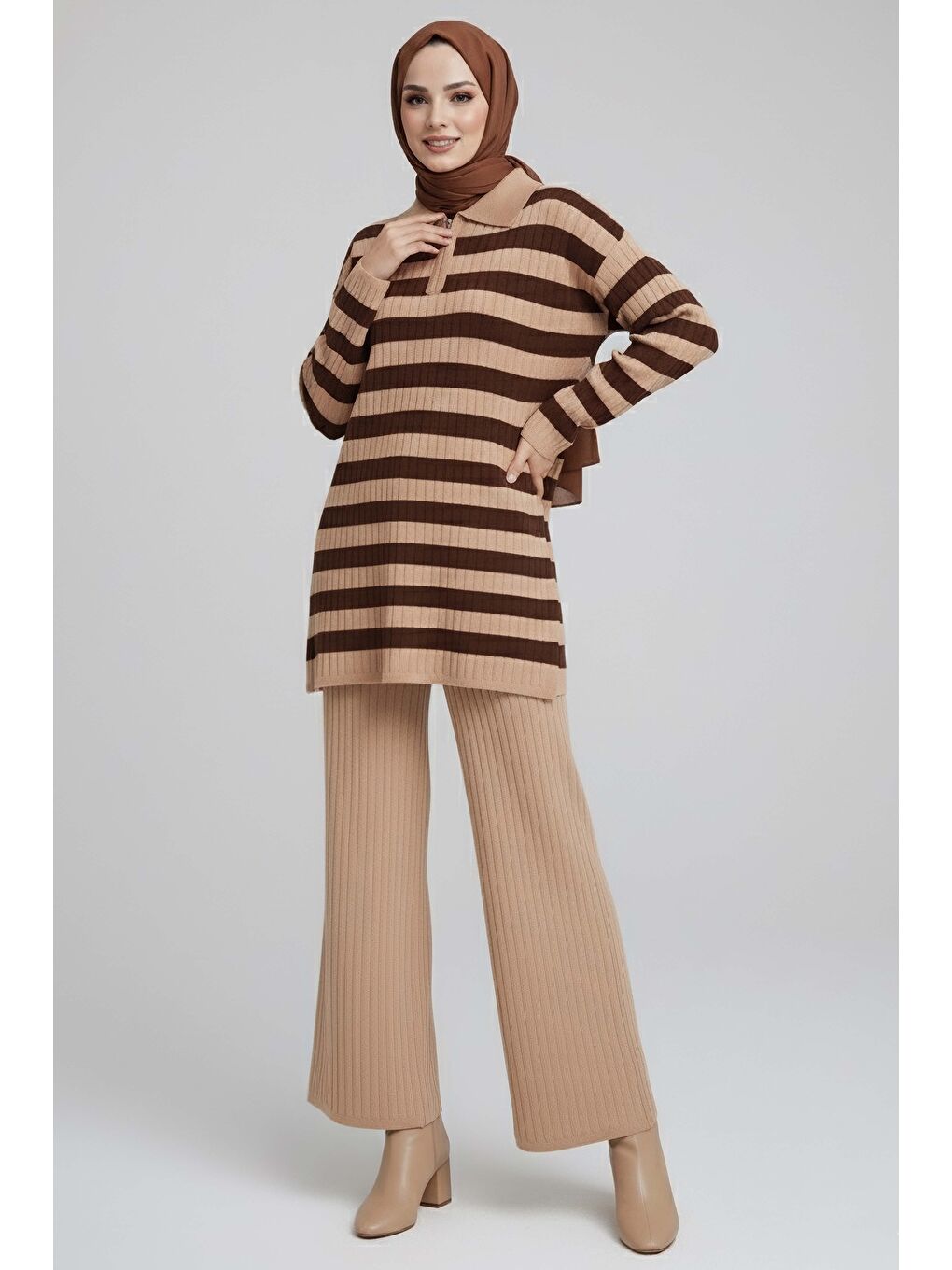 Bej Çizgili Triko İkili Takım Vizon - 27999-VIZON-1