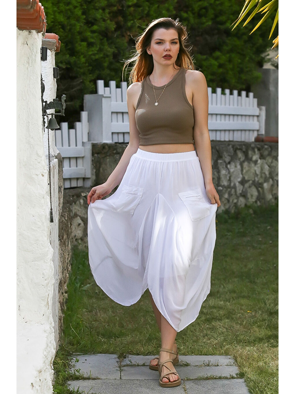 Beyaz Cepli İnce Astarlı Çift Katlı Lastikli Bel Casual Dokuma Etek 90 60-2