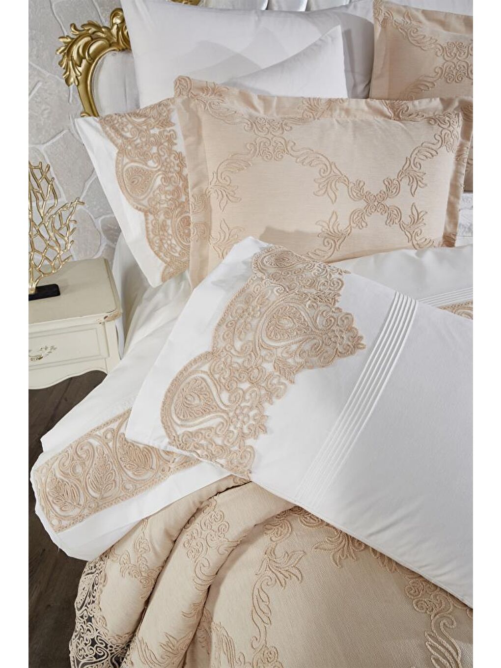 Sahra 10 Parça Battaniyeli Çeyiz Seti Bej-3