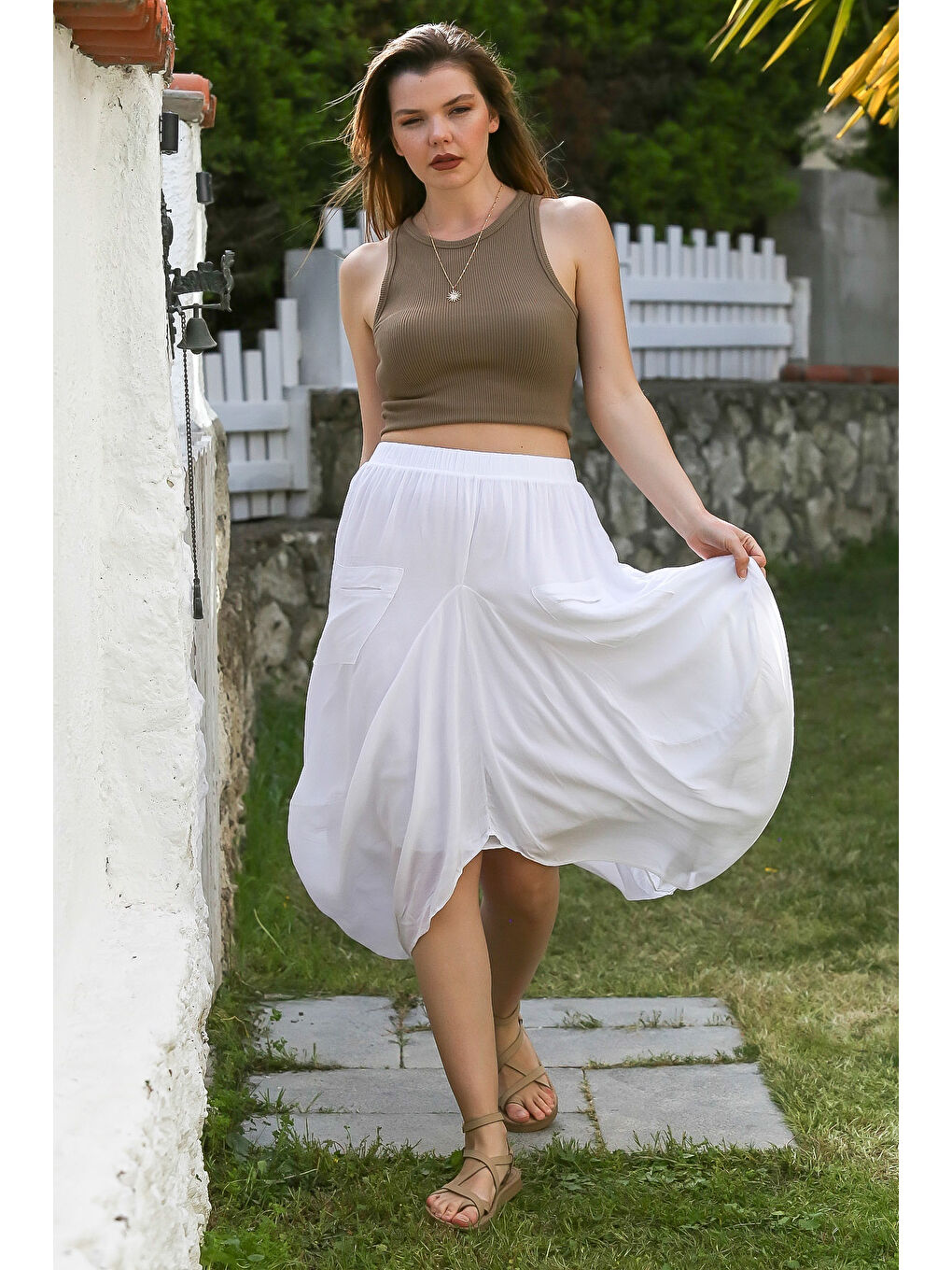 Beyaz Cepli İnce Astarlı Çift Katlı Lastikli Bel Casual Dokuma Etek 90 60-3