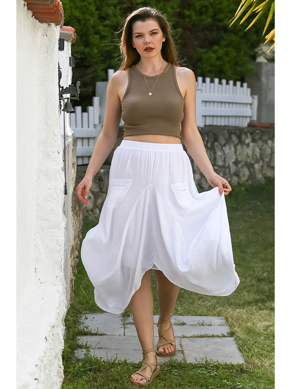 Beyaz Cepli İnce Astarlı Çift Katlı Lastikli Bel Casual Dokuma Etek 90 60-4