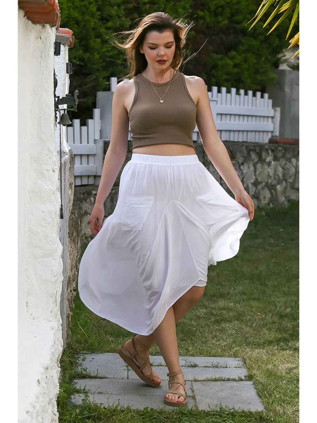 Beyaz Cepli İnce Astarlı Çift Katlı Lastikli Bel Casual Dokuma Etek 90 60-5