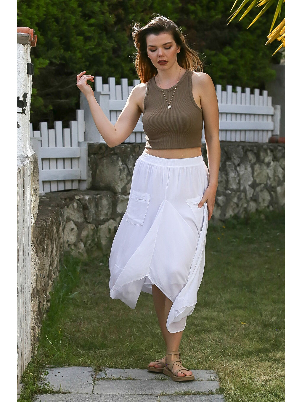 Beyaz Cepli İnce Astarlı Çift Katlı Lastikli Bel Casual Dokuma Etek 90 60-6