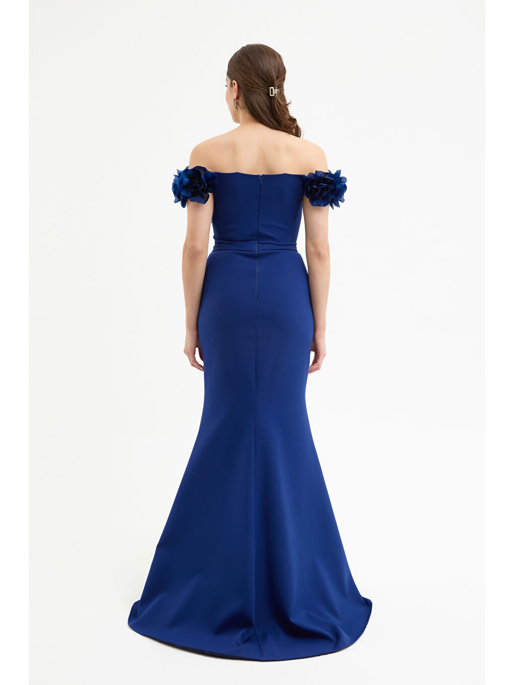 Kadın Lacivert Çiçek Detay Yırtmaçlı Uzun Abiye Elbise-4