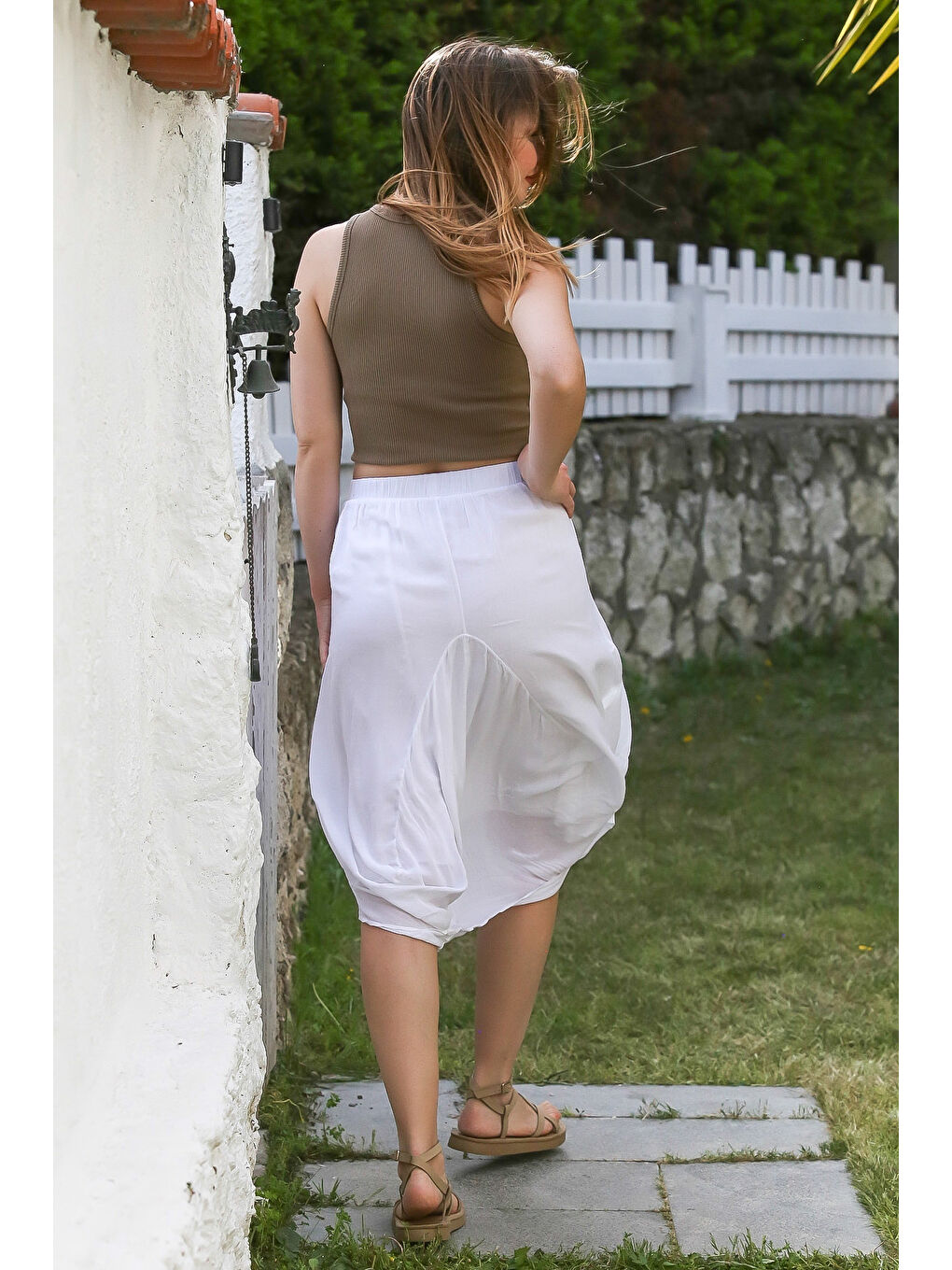 Beyaz Cepli İnce Astarlı Çift Katlı Lastikli Bel Casual Dokuma Etek 90 60-7