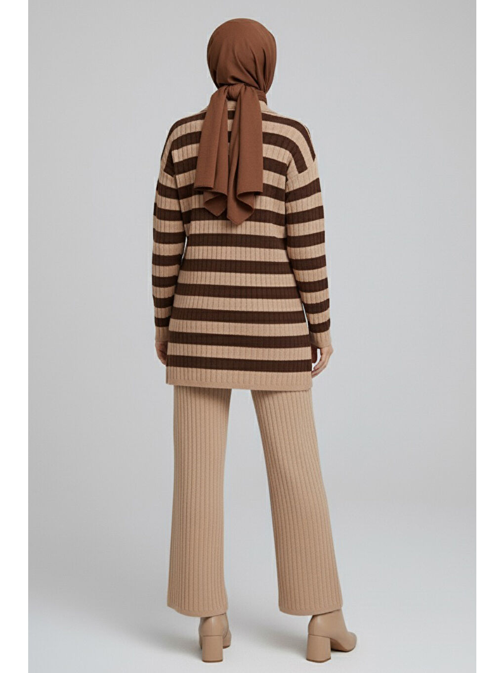Bej Çizgili Triko İkili Takım Vizon - 27999-VIZON-2