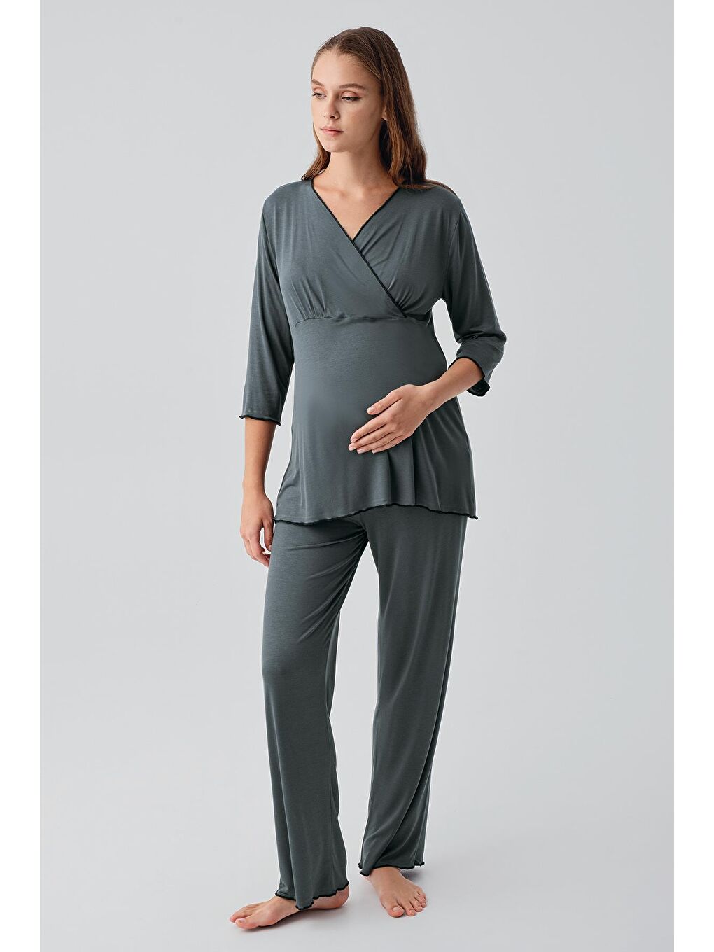 Yeşil Uzun Kollu Elastanlı Esnek Viskoz Soft Hamile Pijama Takım 19212