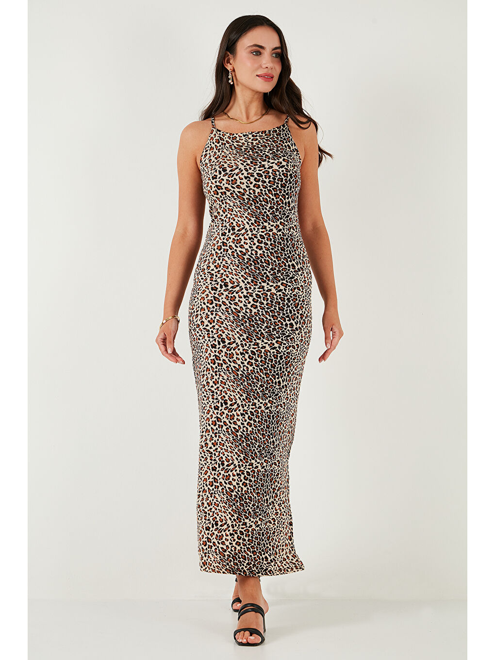 Kahverengi Slim Fit Yırtmaç Detaylı Midi Boy Kadın Elbise 5866224-3