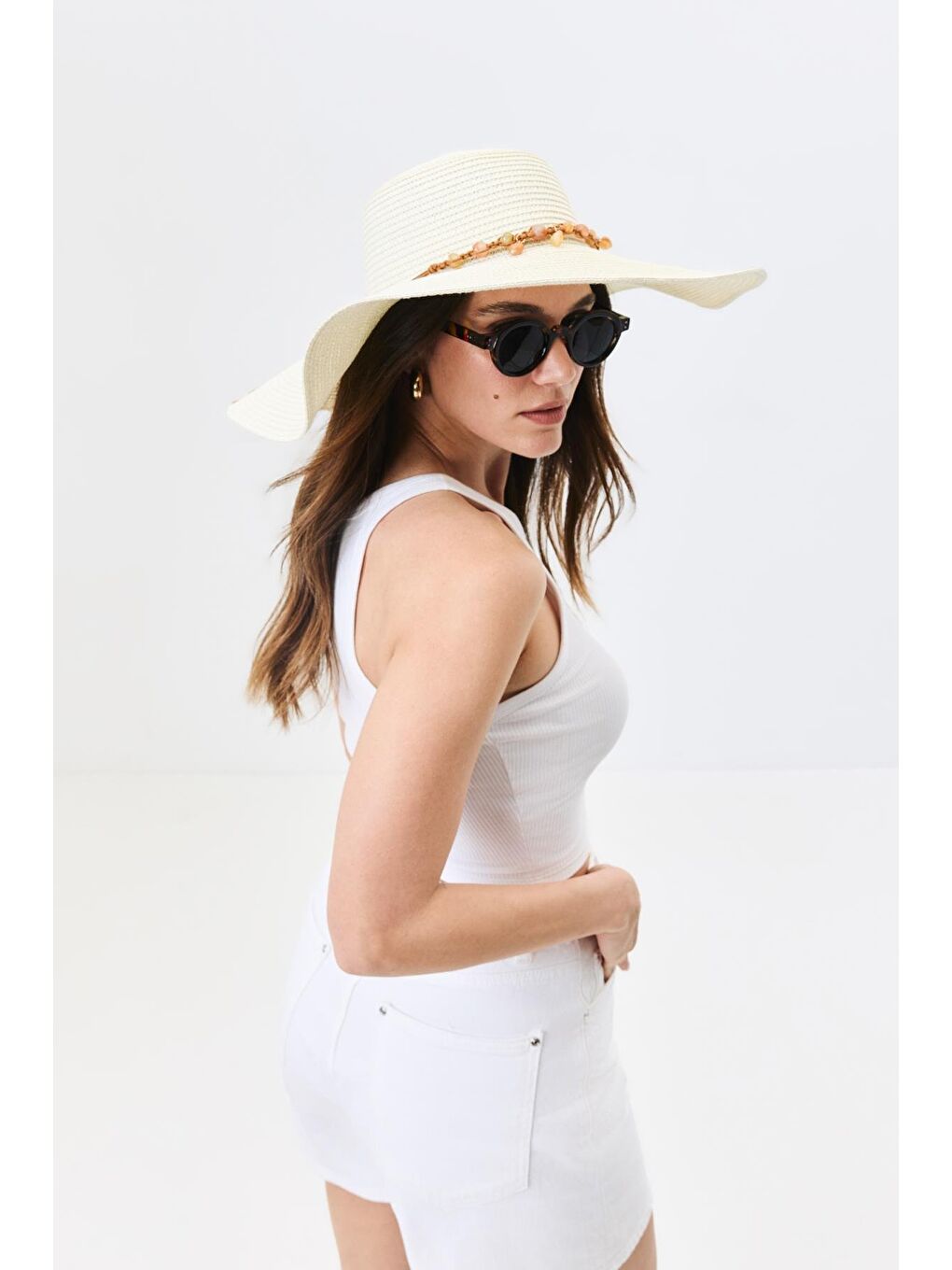 Ekru Geniş Kenar Hasır Plaj Şapkası Y25730-12 Krem