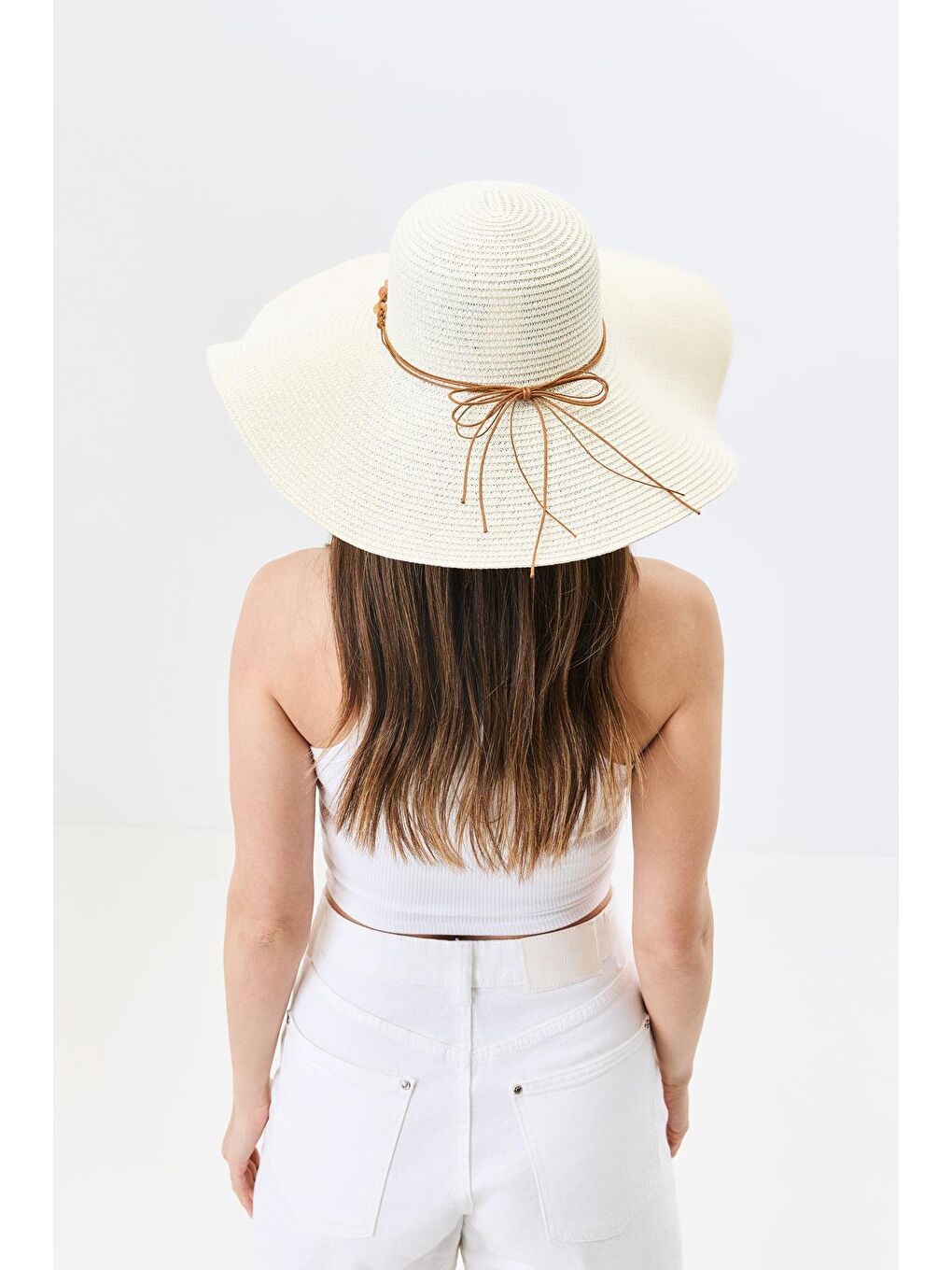 Ekru Geniş Kenar Hasır Plaj Şapkası Y25730-12 Krem-1