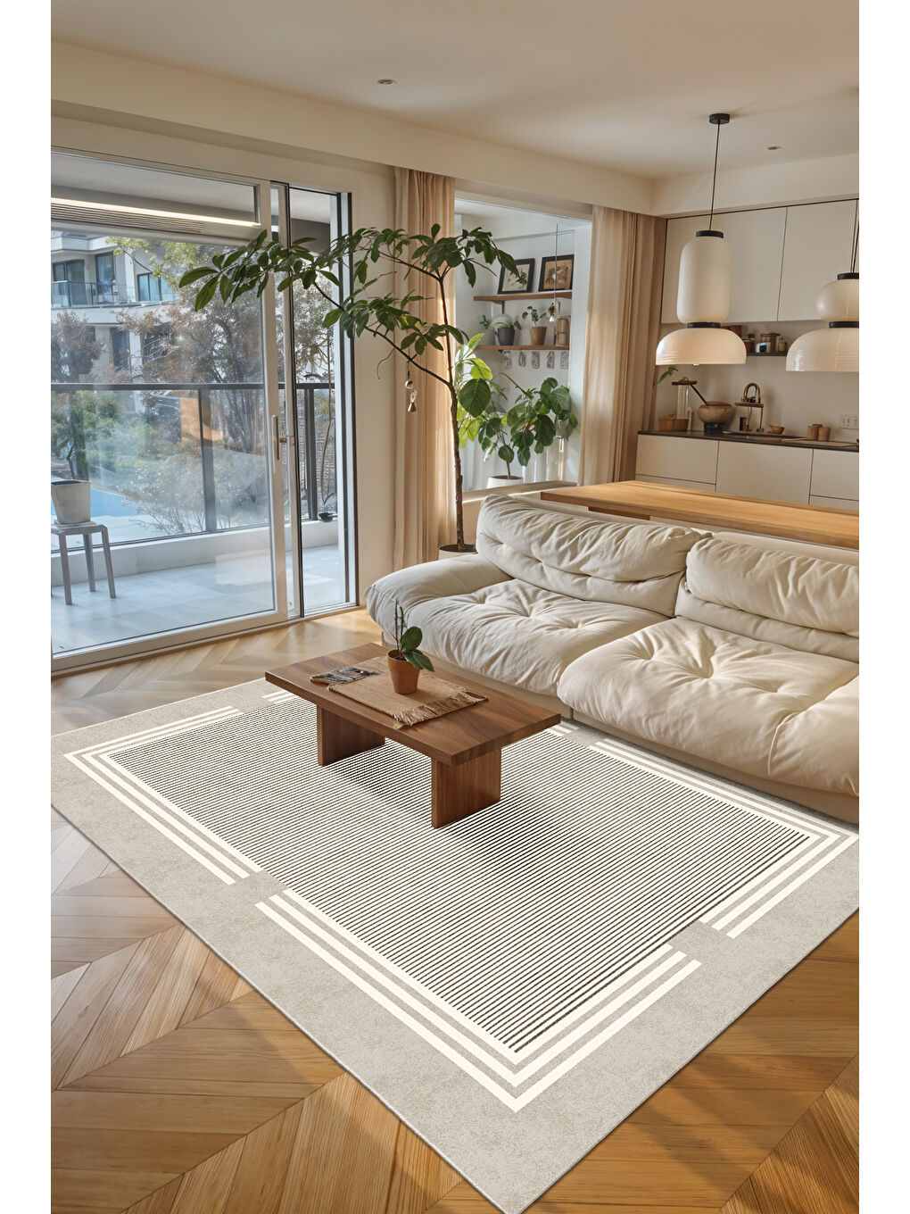 Bej Dekoratif Salon Halısı, Makinada Yıkanabilir, Kaymaz Taban, İnce & Modern Tasarım-2
