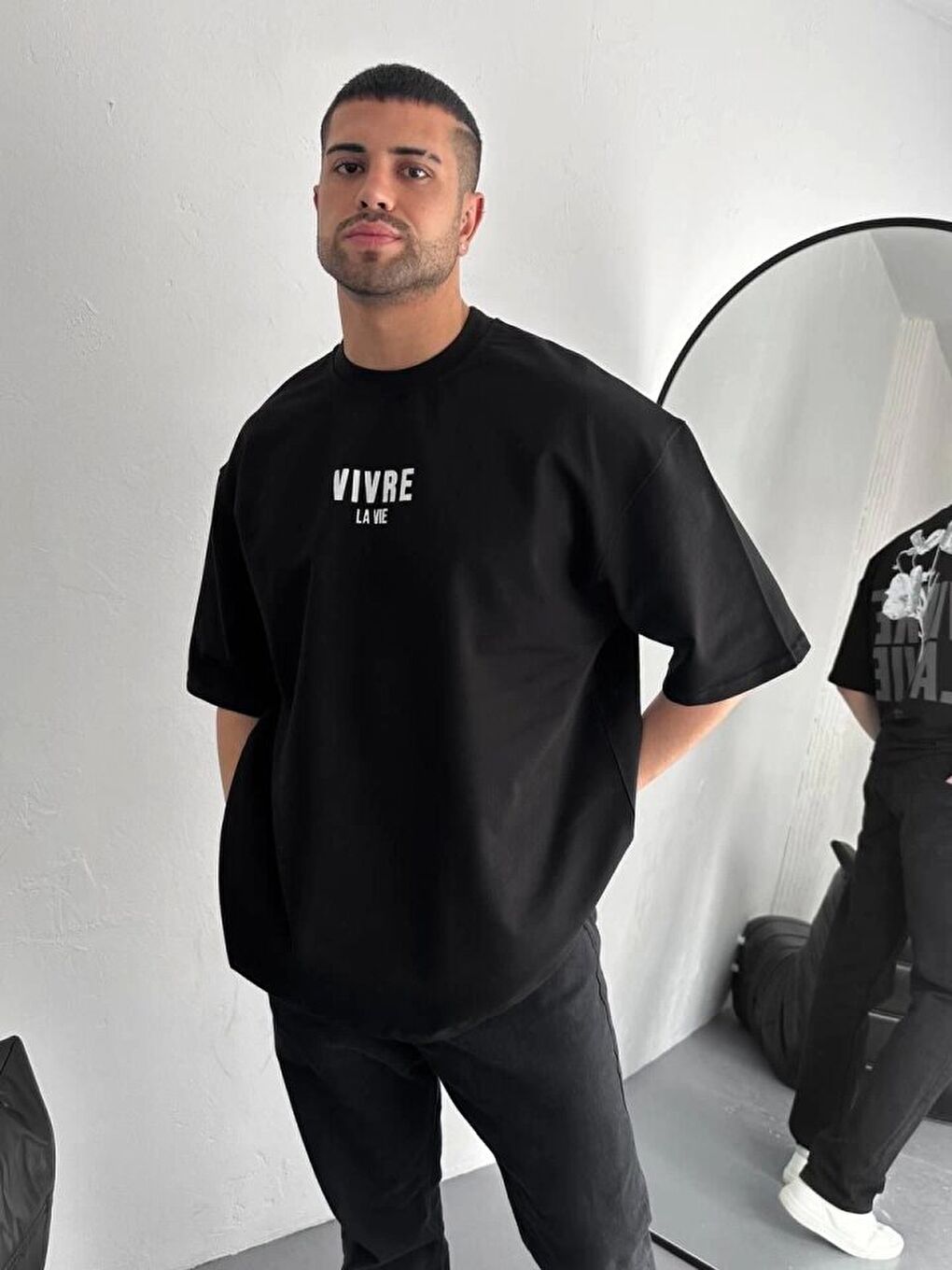 Baskılı Oversize Bisiklet Yaka T-shirt - Siyah-3