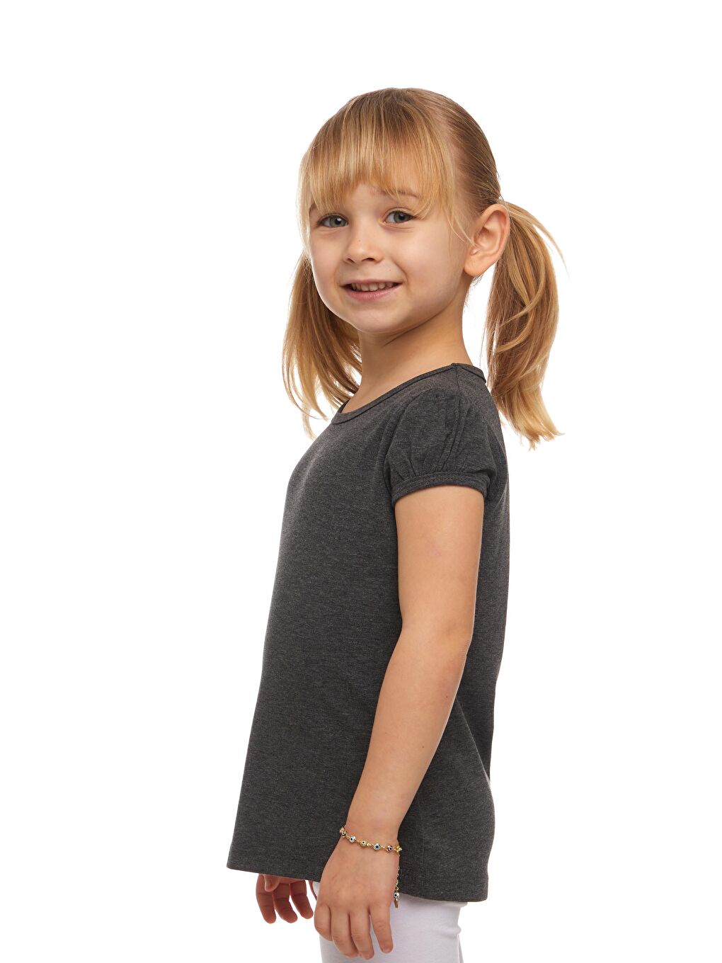 Antrasit Kız Çocuk Kısa Kollu Basıc Tişört-1