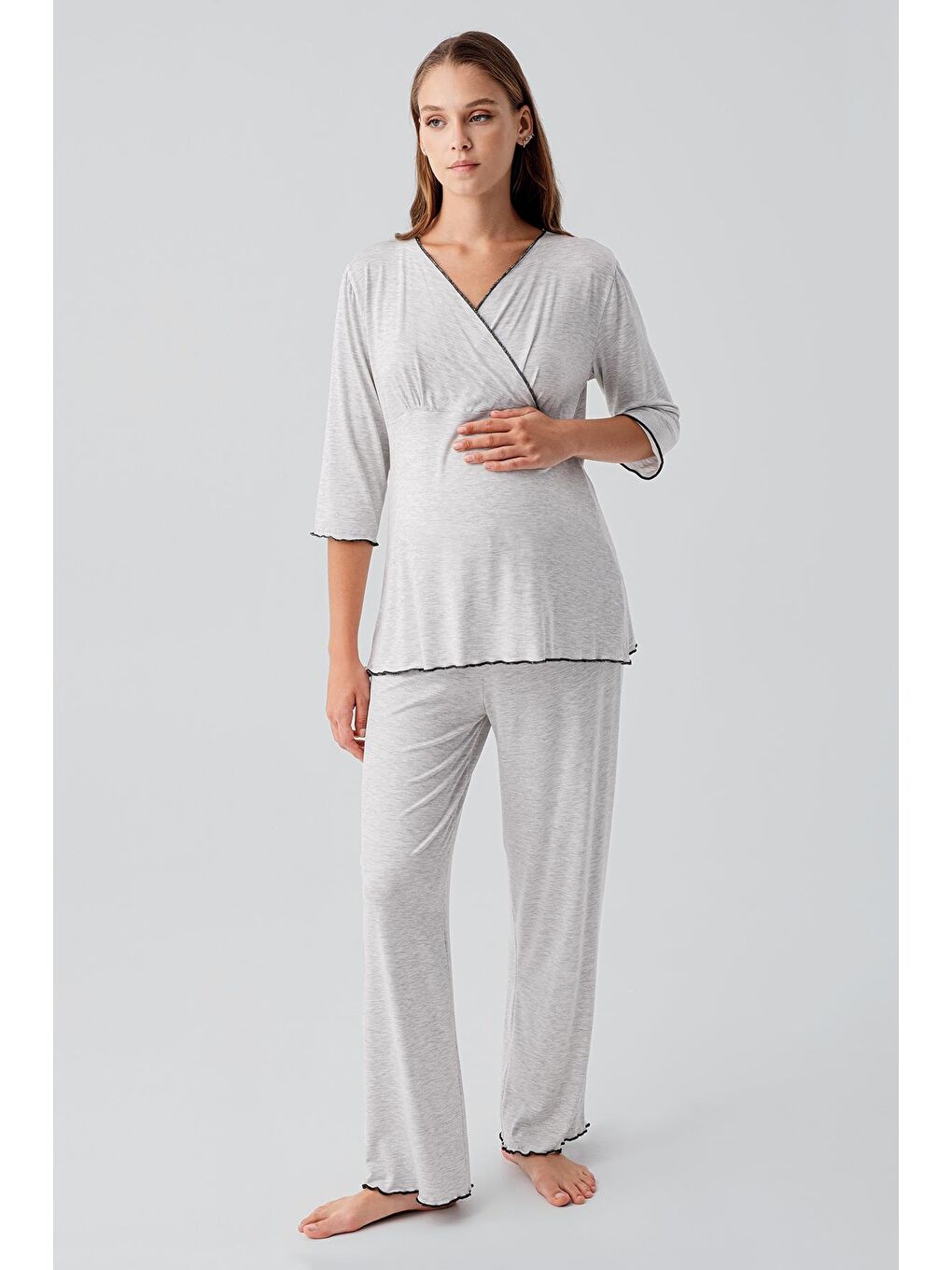 Gri Uzun Kollu Elastanlı Esnek Viskoz Soft Hamile Pijama Takım 19212