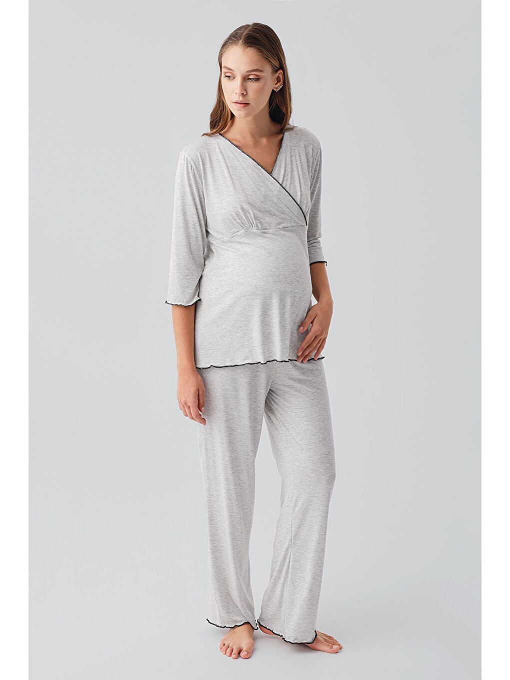 Gri Uzun Kollu Elastanlı Esnek Viskoz Soft Hamile Pijama Takım 19212-1