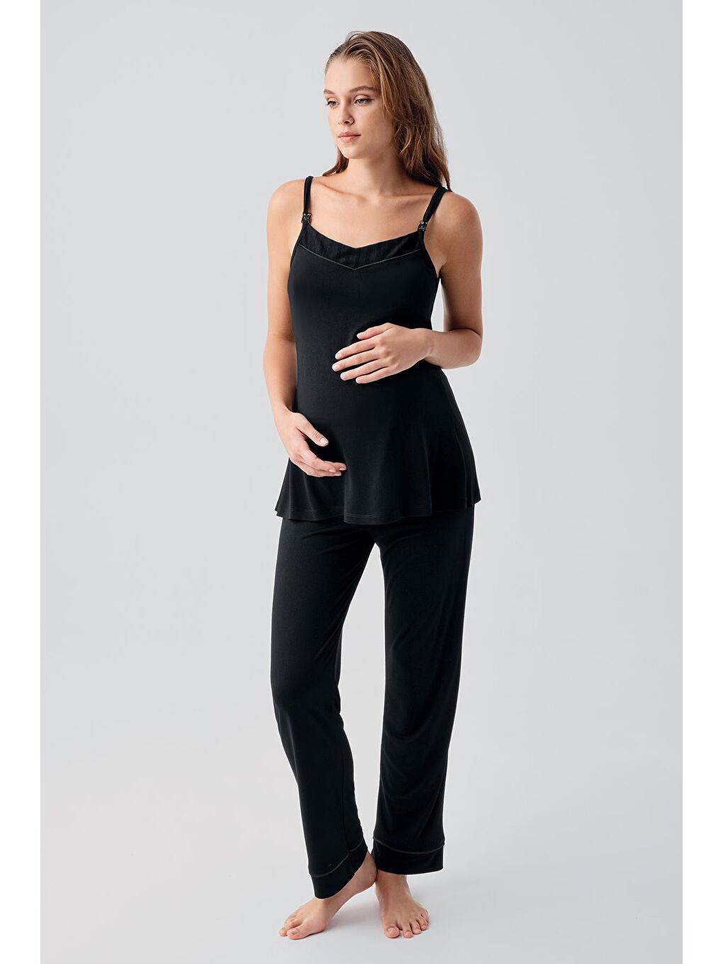 Siyah Askılı Esnek Viskoz Hamile Sabahlık Pijama Takım 19307-1