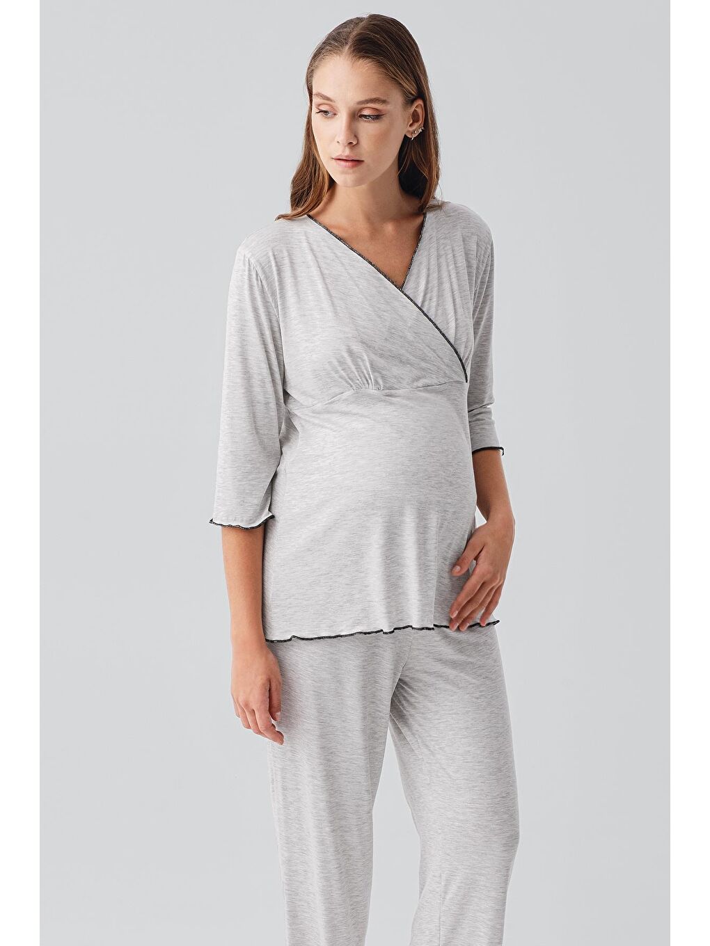 Gri Uzun Kollu Elastanlı Esnek Viskoz Soft Hamile Pijama Takım 19212-2