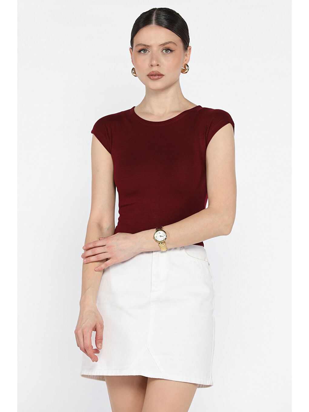 Bordo Bisiklet Yaka Sıfır Kol Kadın Tişört-1