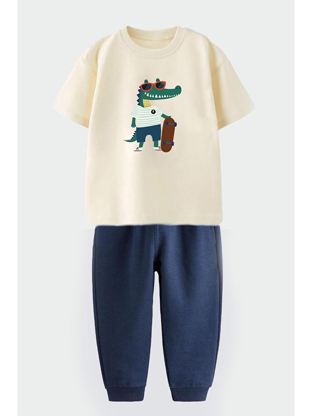 Bej Erkek Çocuk Pamuklu Timsah Baskılı T-Shirt Ve Eşofman Altı 2'Li Takım-1
