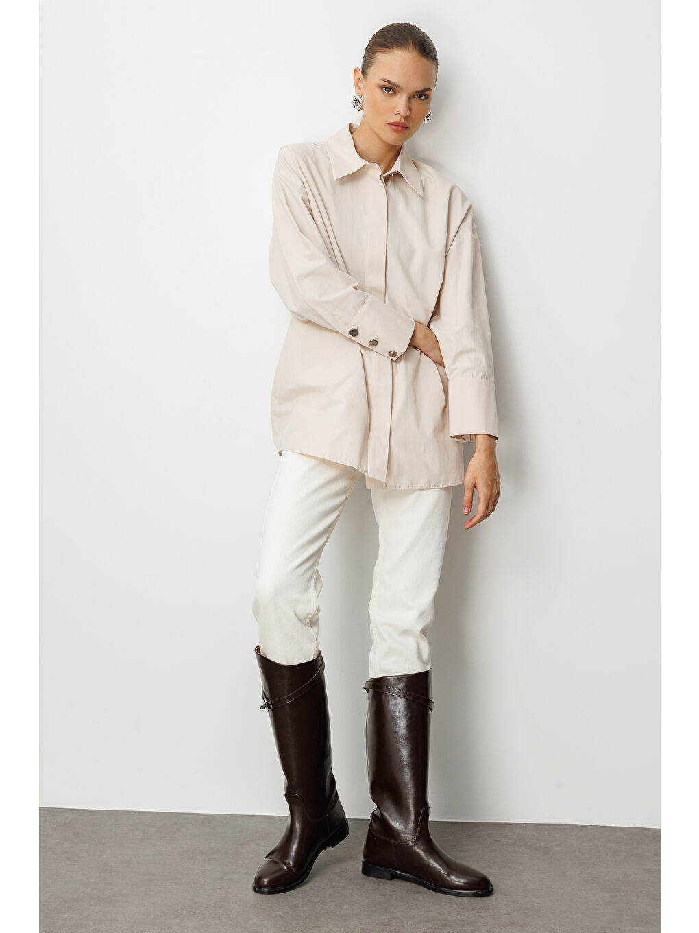 Bej Geniş Patlı Pamuklu Taş Rengi Tunik-3