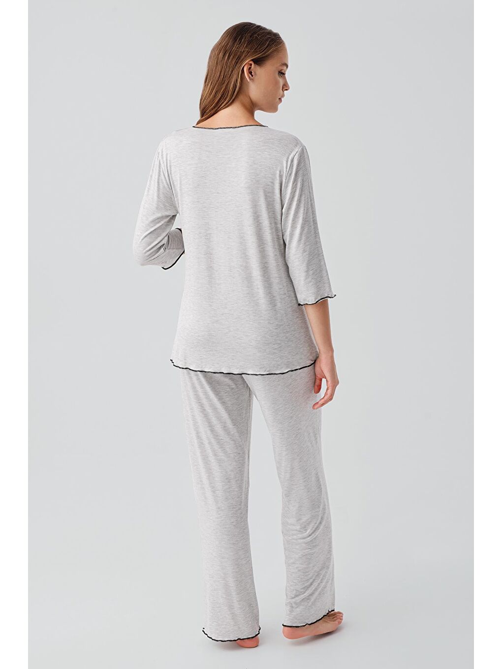 Gri Uzun Kollu Elastanlı Esnek Viskoz Soft Hamile Pijama Takım 19212-4