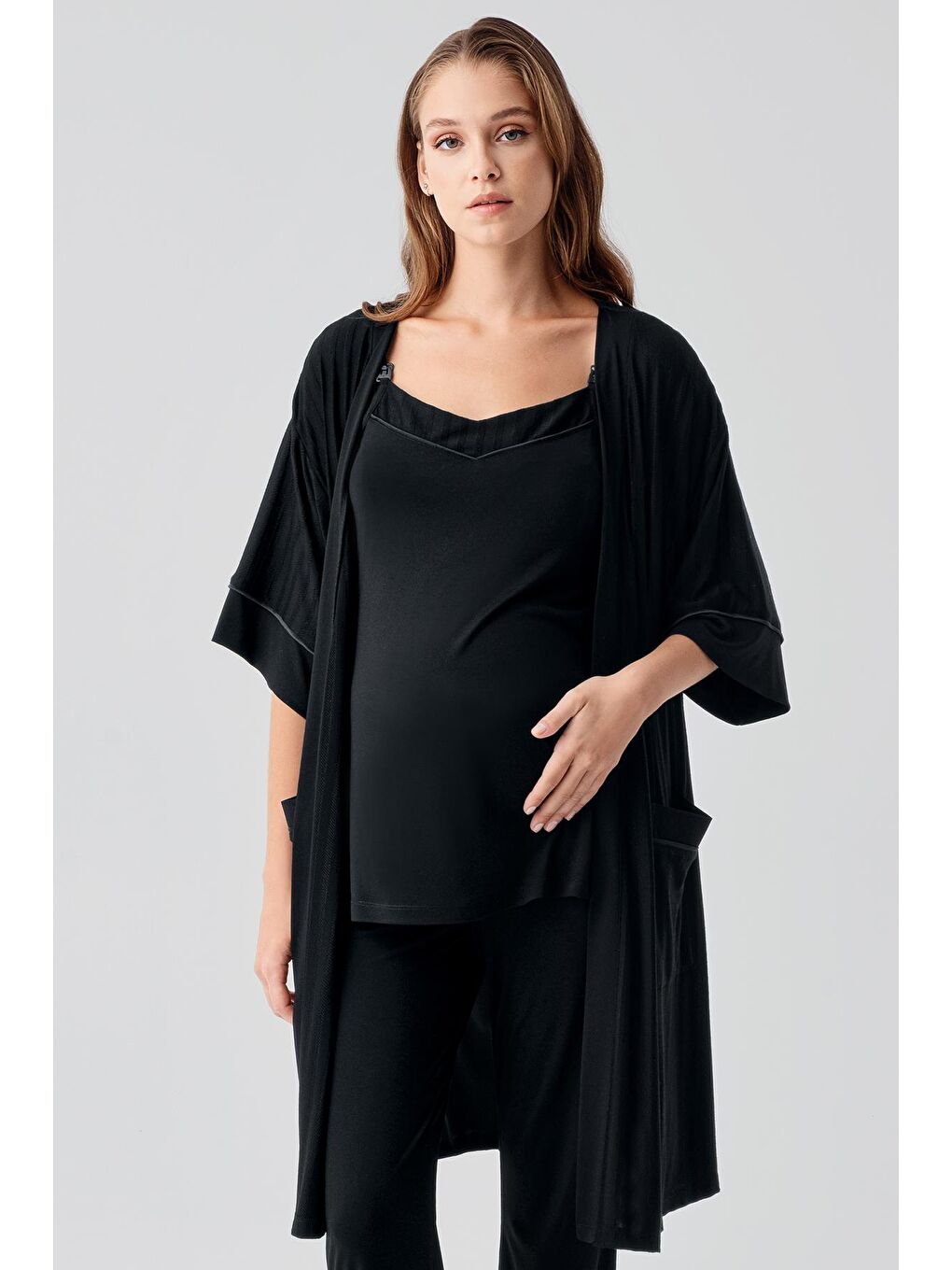 Siyah Askılı Esnek Viskoz Hamile Sabahlık Pijama Takım 19307-2