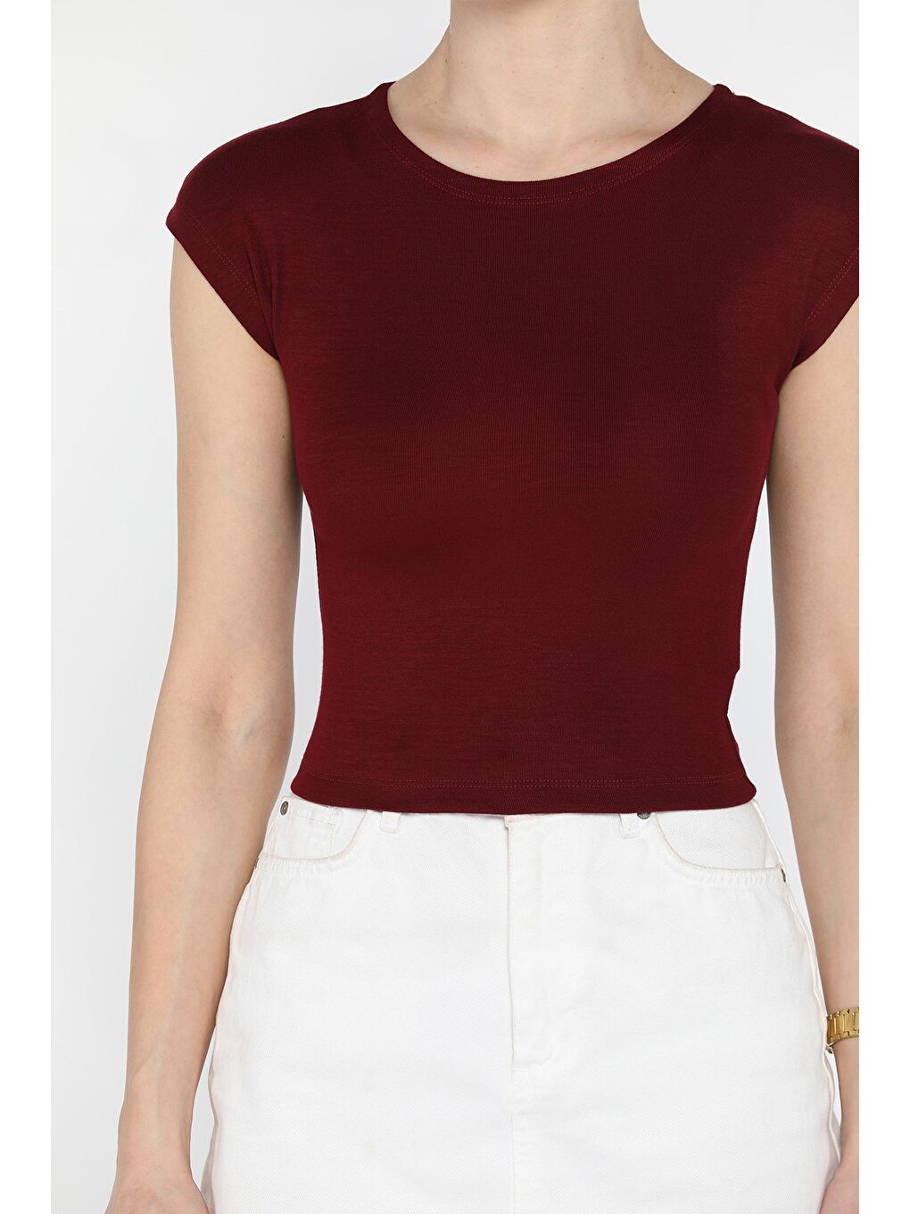 Bordo Bisiklet Yaka Sıfır Kol Kadın Tişört-2