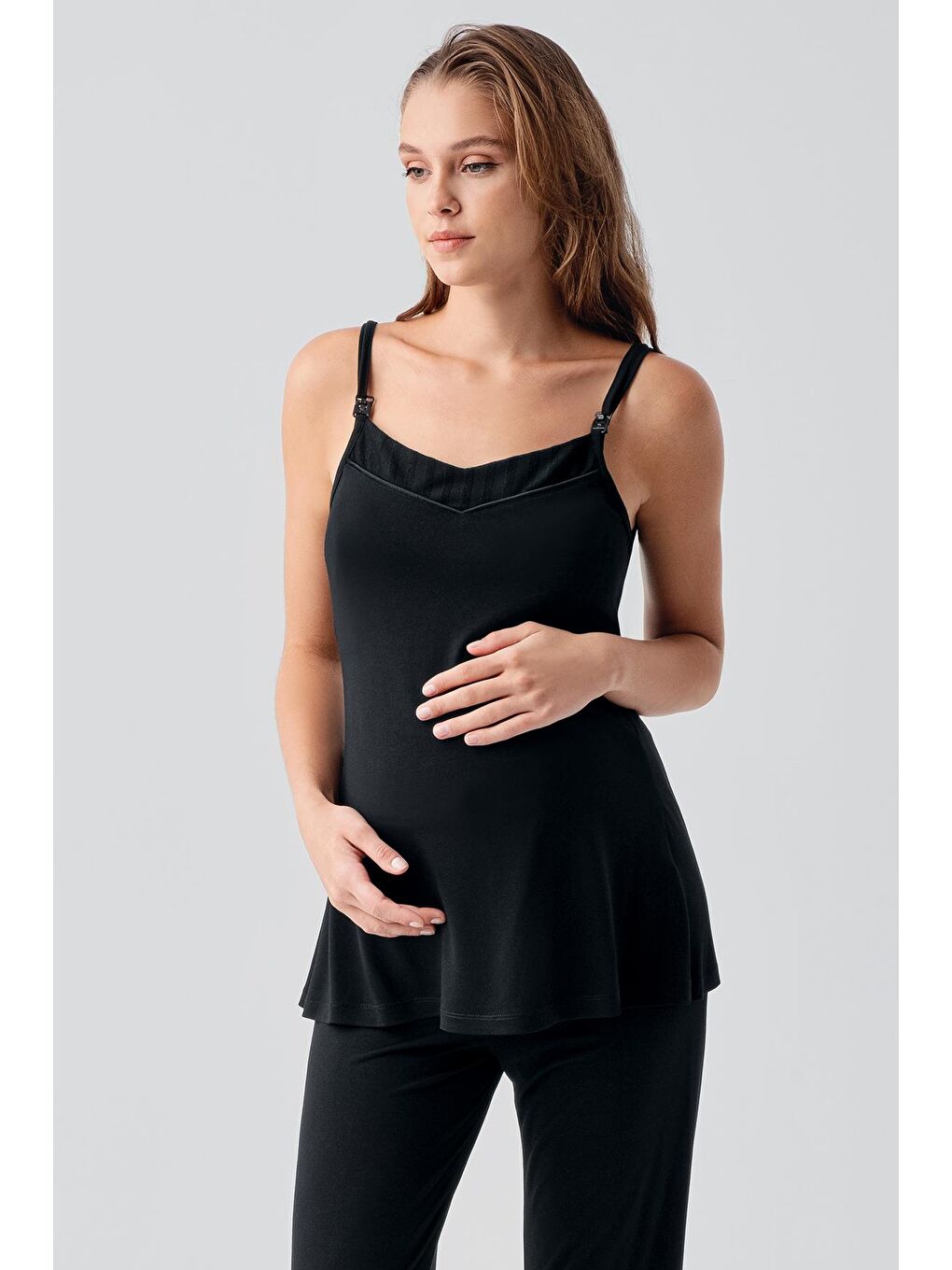 Siyah Askılı Esnek Viskoz Hamile Sabahlık Pijama Takım 19307-3