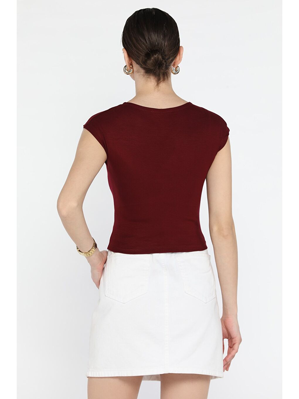 Bordo Bisiklet Yaka Sıfır Kol Kadın Tişört-3