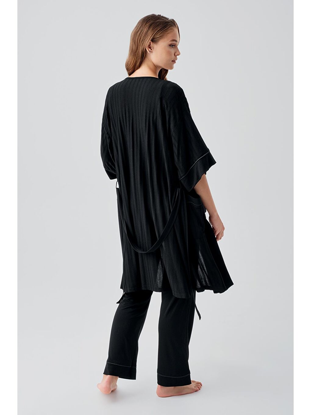 Siyah Askılı Esnek Viskoz Hamile Sabahlık Pijama Takım 19307-4