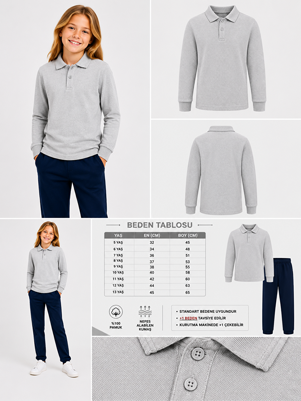 Gri Kids Polo Yaka Basic Uzun Kollu Unisex Kız Çocuk Tişört-1