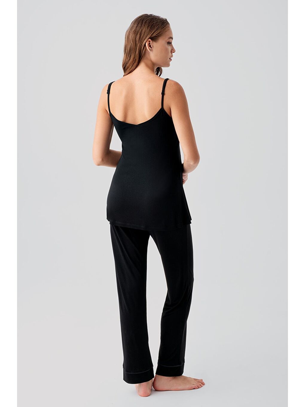 Siyah Askılı Esnek Viskoz Hamile Sabahlık Pijama Takım 19307-5