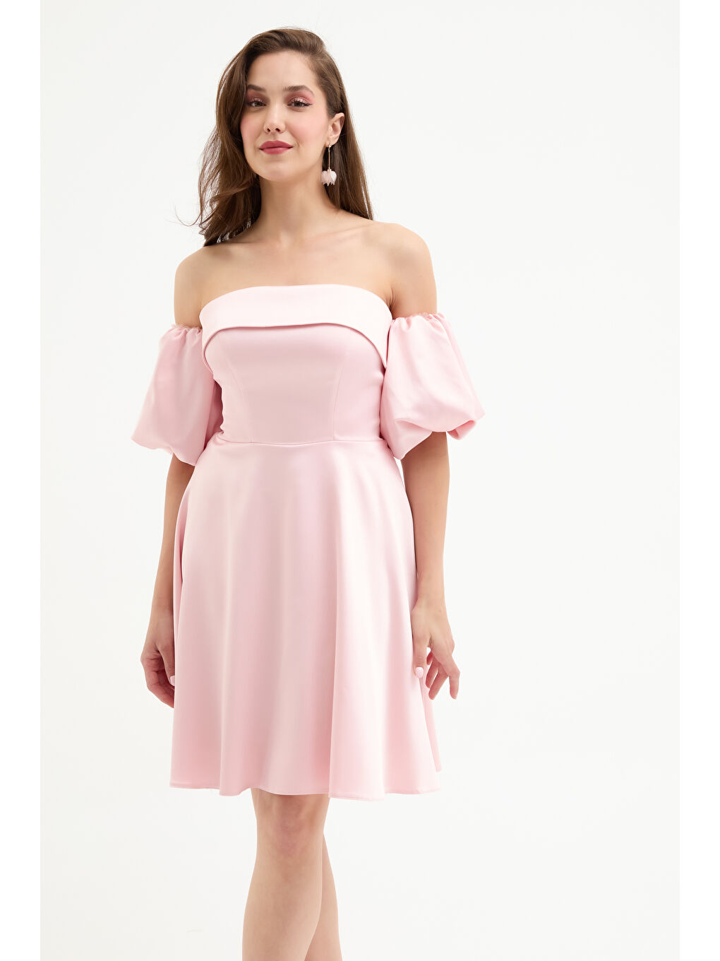 Pembe Kadın Pudra Straplez Yaka Saten Mini Mezuniyet Abiye Elbise-2