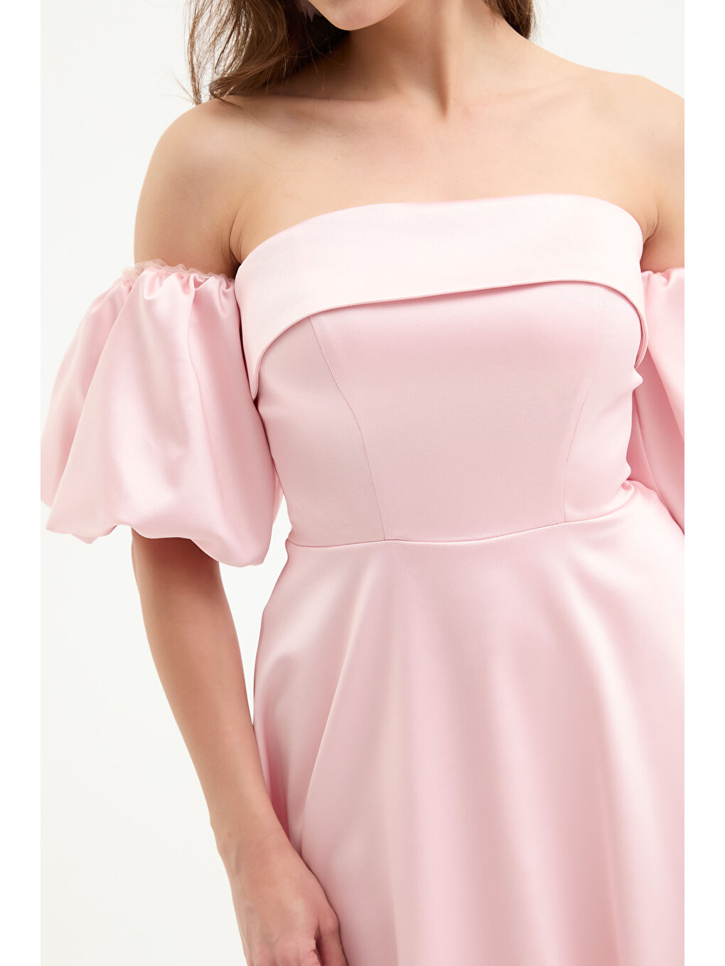 Pembe Kadın Pudra Straplez Yaka Saten Mini Mezuniyet Abiye Elbise-3