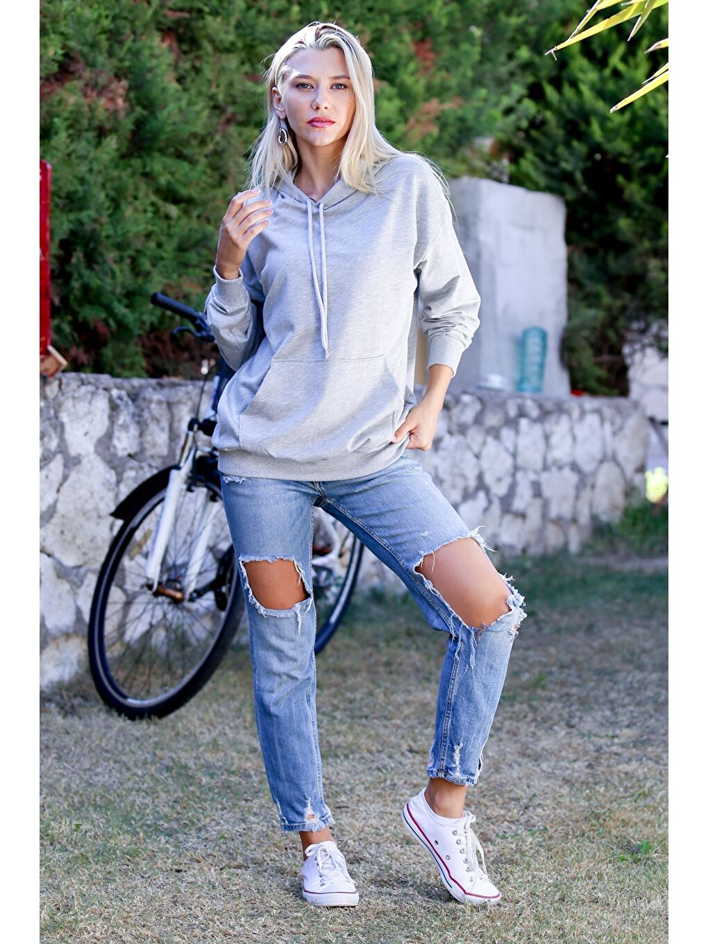 Gri Kapüşonlu Uzun Kol Cepli Örme Casual Sweatshirt-3