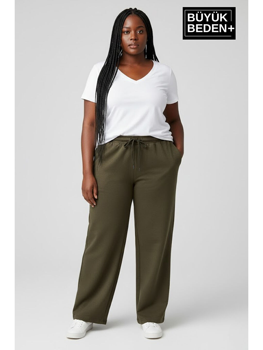 Haki Kadın Büyük Beden Rahat Kesim Lastikli Bel Paça Reçmeli Eşofman Altı SPR26EAK952