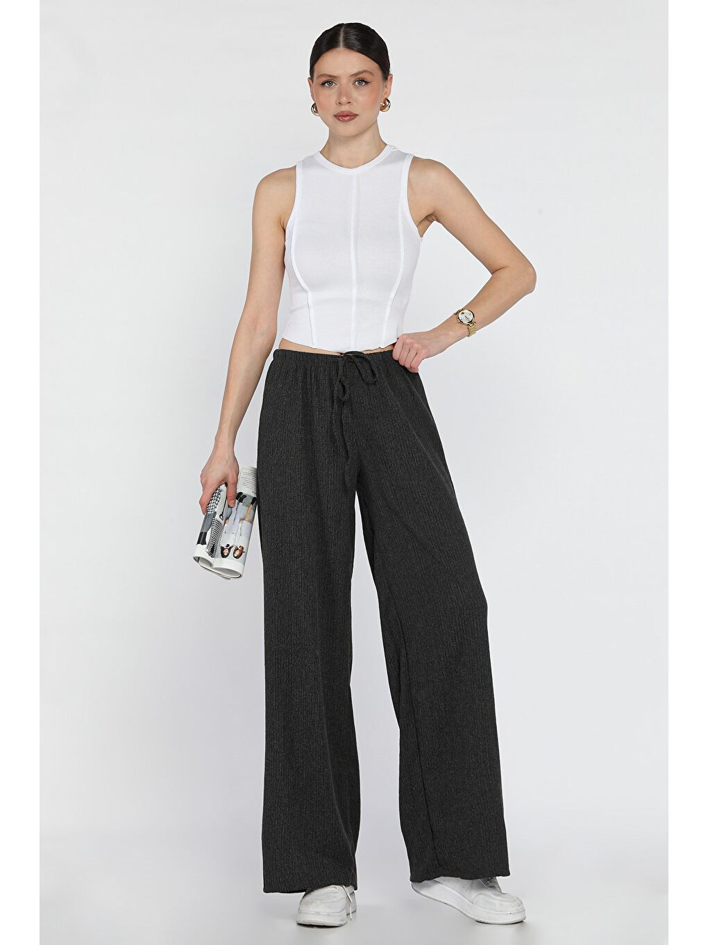 Antrasit Kadın Bel Bağlamalı Elastanlı Kumaş Pantolon