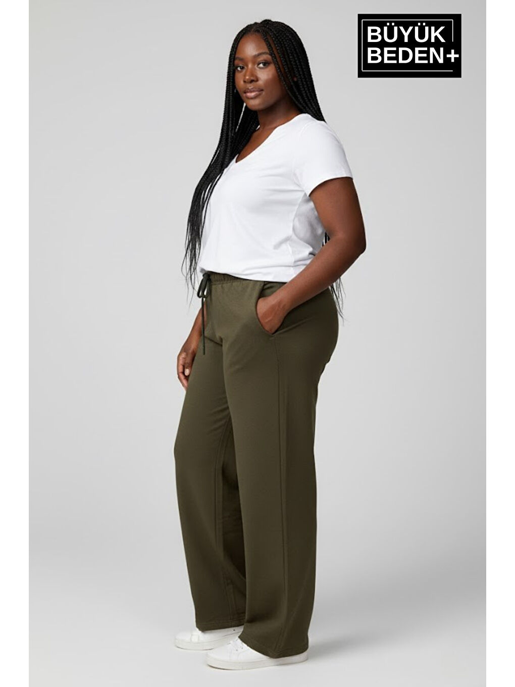 Haki Kadın Büyük Beden Rahat Kesim Lastikli Bel Paça Reçmeli Eşofman Altı SPR26EAK952-2