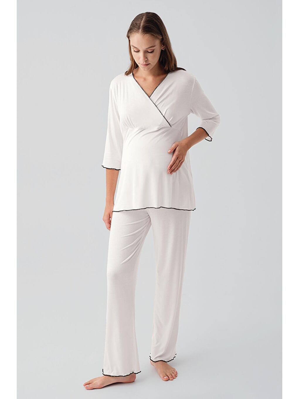 Ekru Uzun Kollu Elastanlı Esnek Viskoz Soft Hamile Pijama Takım 19212-0