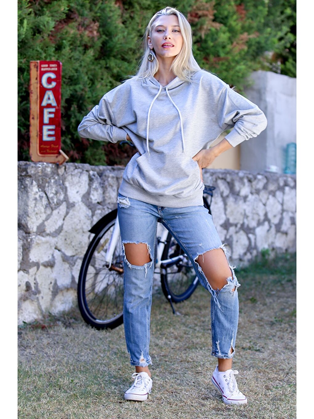 Gri Kapüşonlu Uzun Kol Cepli Örme Casual Sweatshirt-5