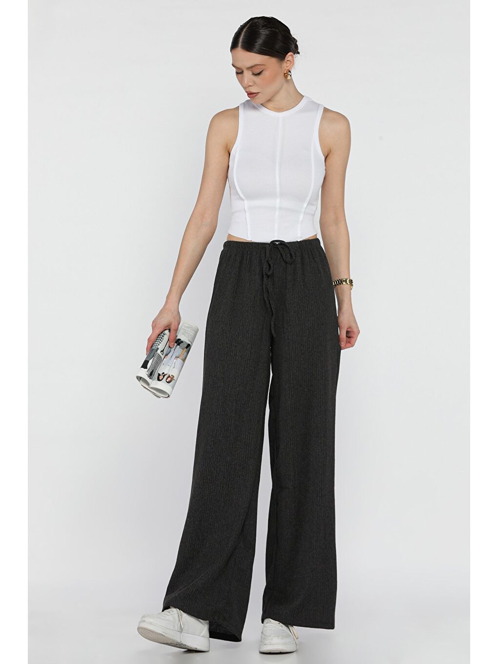 Antrasit Kadın Bel Bağlamalı Elastanlı Kumaş Pantolon-1