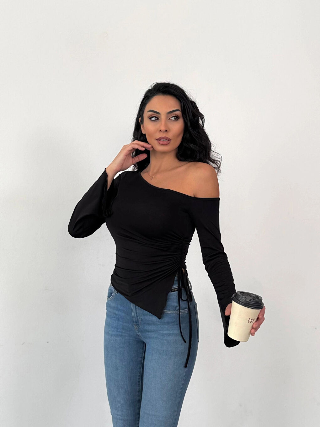 Kadın Siyah Asimetrik Kesim İspanyol Kol Beli Büzgülü Sandy Bluz HZL25W-FRY123591-1