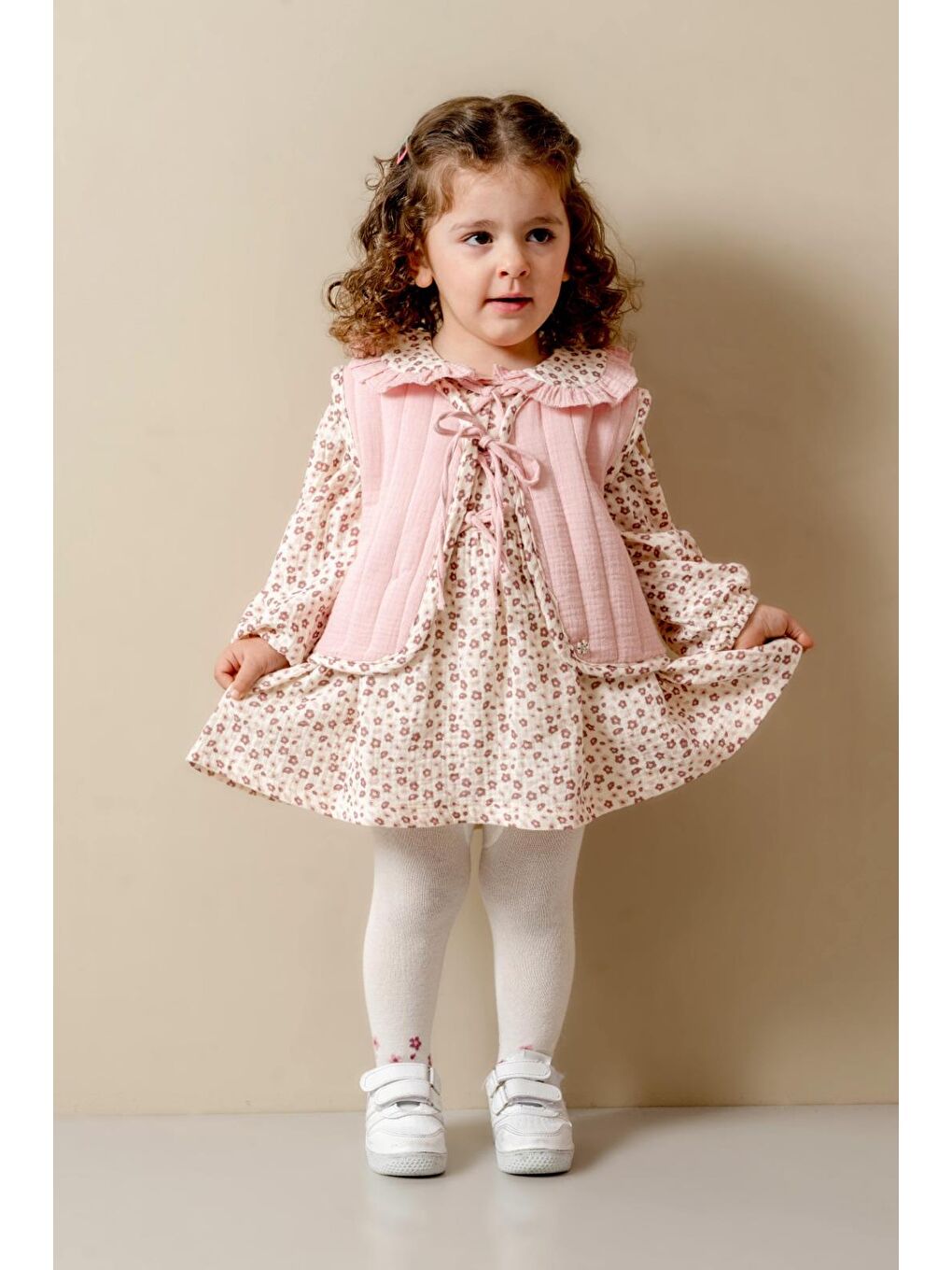 Pembe Kız Çocuk Pamuklu Pudra Çiçek Desenli Elbise Ve Yelek Takım-1