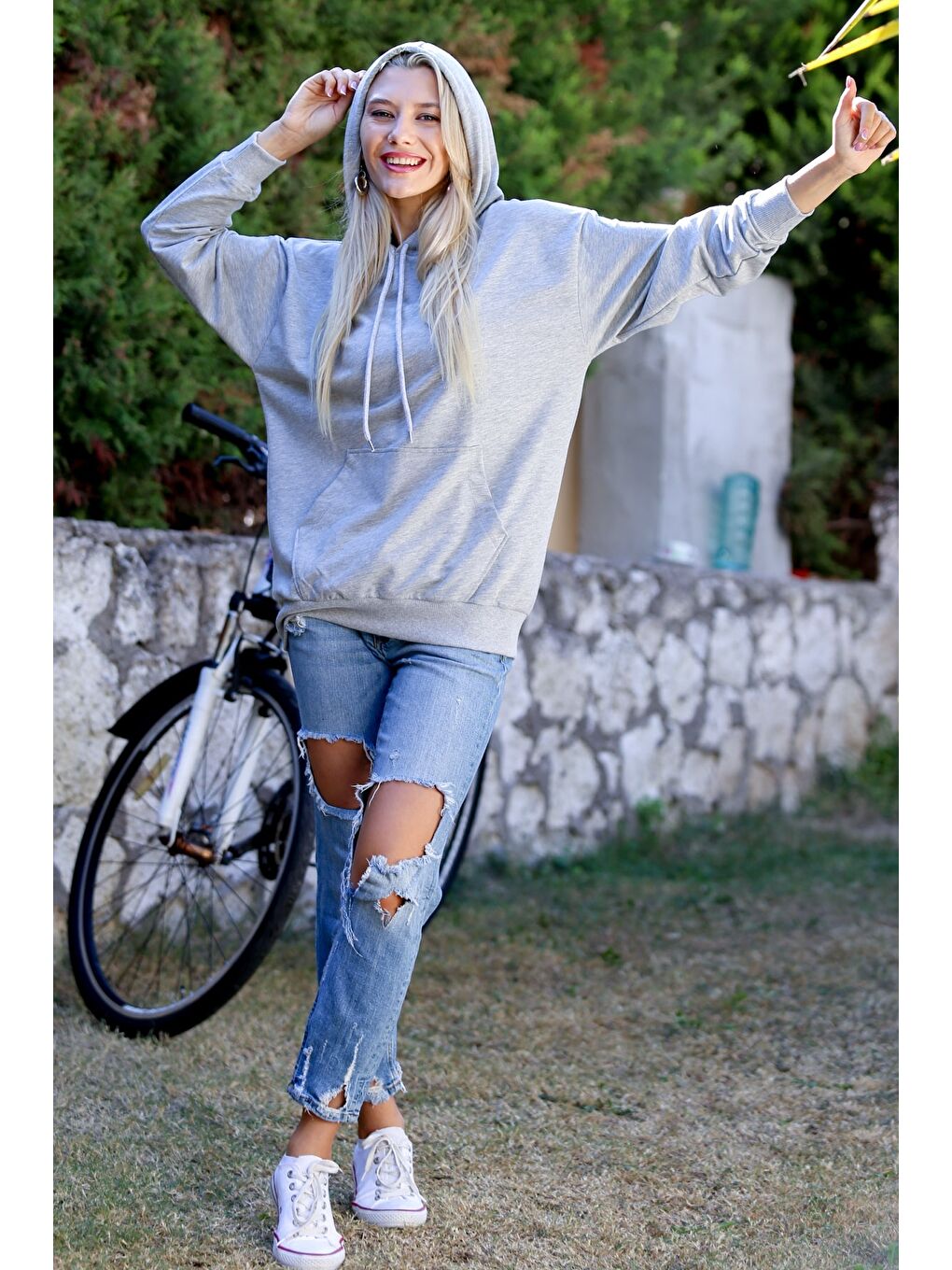 Gri Kapüşonlu Uzun Kol Cepli Örme Casual Sweatshirt-6