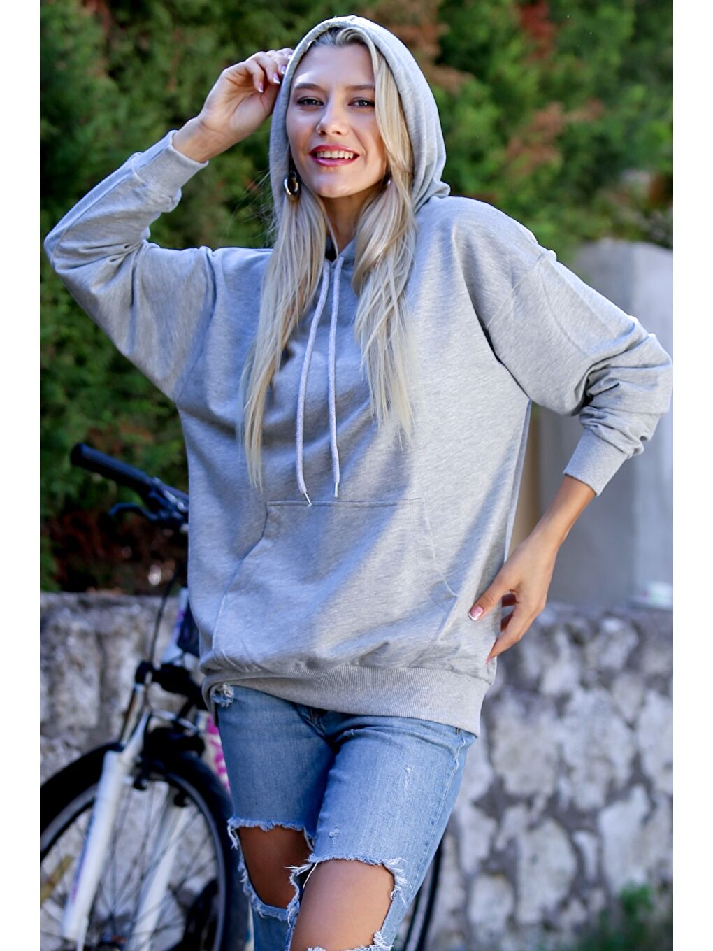 Gri Kapüşonlu Uzun Kol Cepli Örme Casual Sweatshirt-7