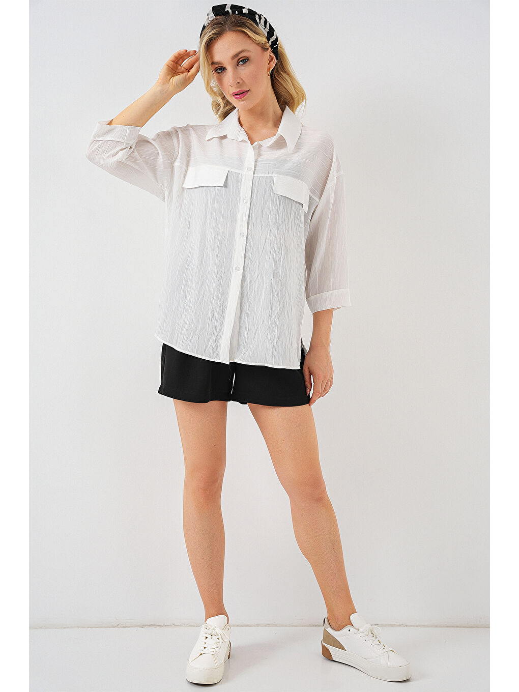 Kadın Cep Detaylı Kısa Kol Gömlek 20317 - Beyaz-1