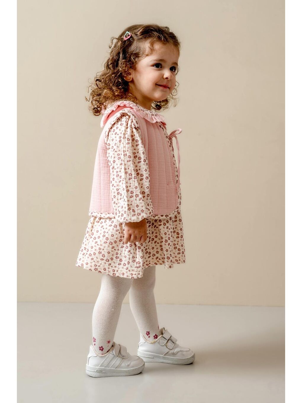 Pembe Kız Çocuk Pamuklu Pudra Çiçek Desenli Elbise Ve Yelek Takım-2