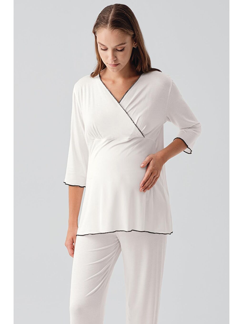 Ekru Uzun Kollu Elastanlı Esnek Viskoz Soft Hamile Pijama Takım 19212-2