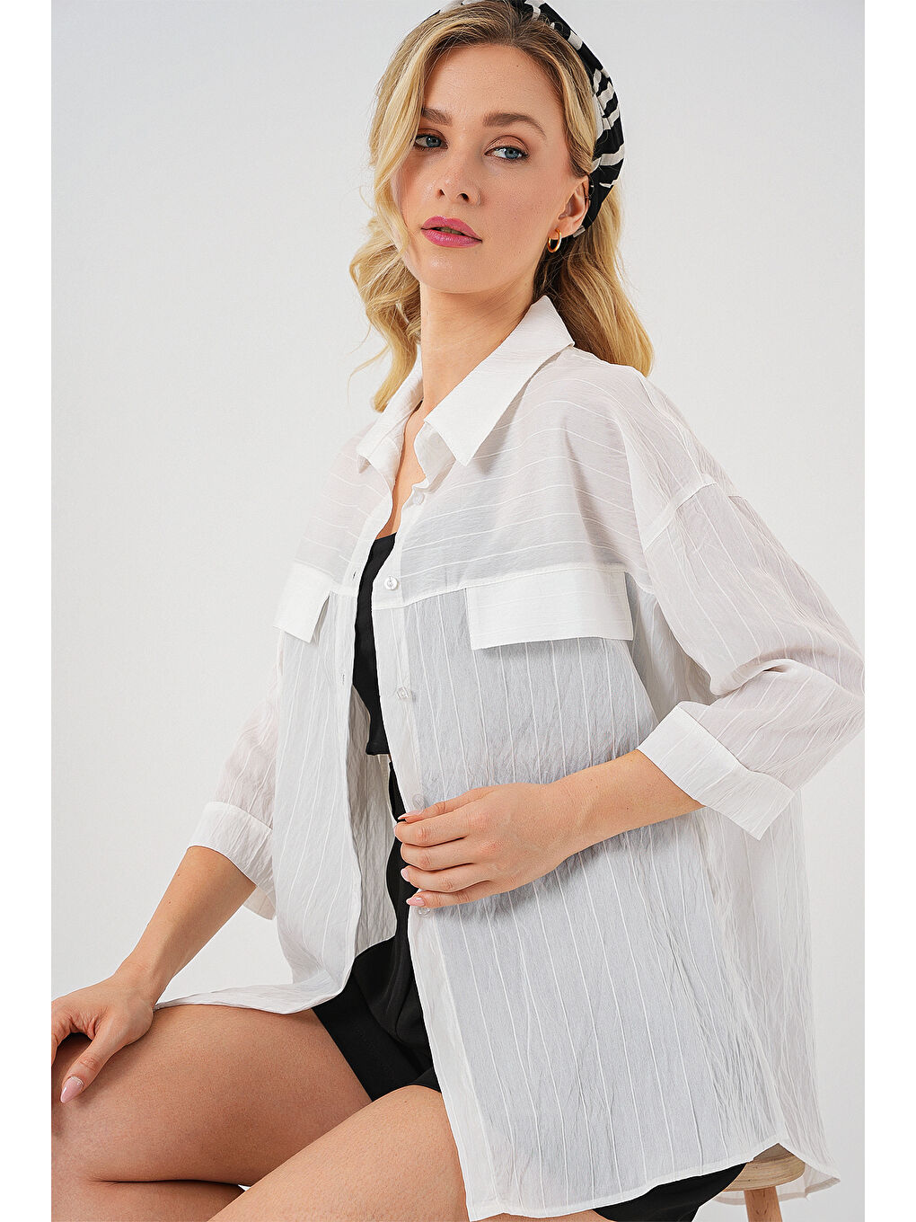 Kadın Cep Detaylı Kısa Kol Gömlek 20317 - Beyaz-2