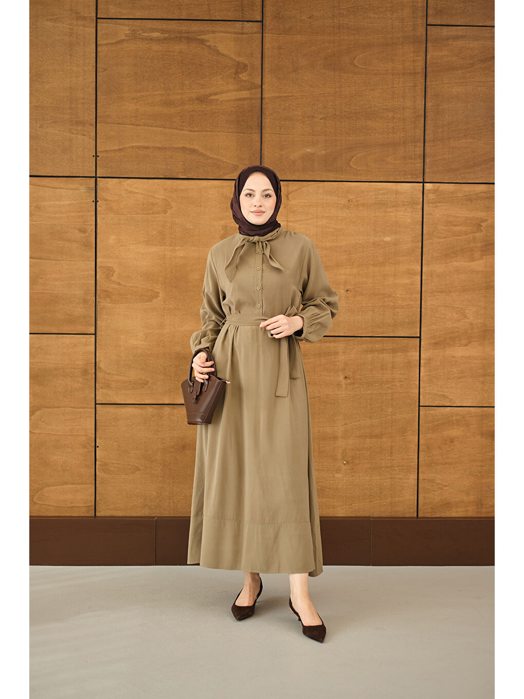 Kadın Fular Yaka Detaylı Nervürlü Modal Elbise Küf Yeşil